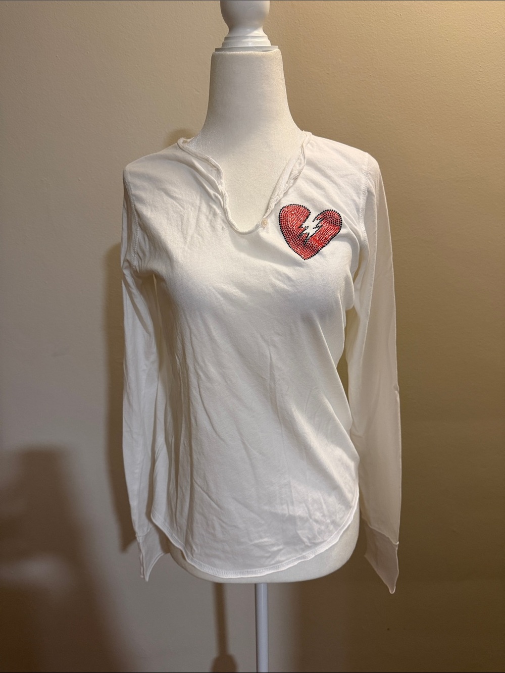Zadig & Voltaire White Long-Sleeve V-Neck Top with Red Broken Heart